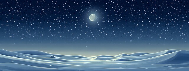 Starry sky, moonlight shining on the snowy ground, flat illustration style, simple background, cartoon style, vector graphics