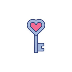 Heart key icon. Love key symbol; unlocks affection, romance, and happiness.  Perfect for Valentine's Day designs.