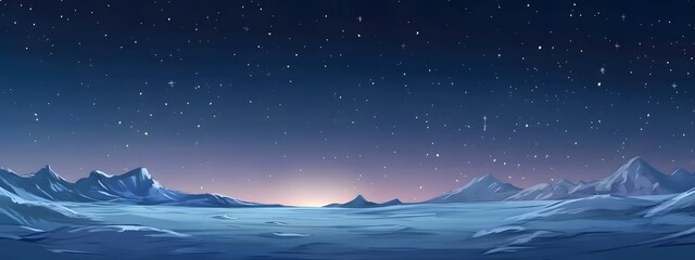 Starry sky, moonlight shining on the snowy ground, flat illustration style, simple background, cartoon style, vector graphics