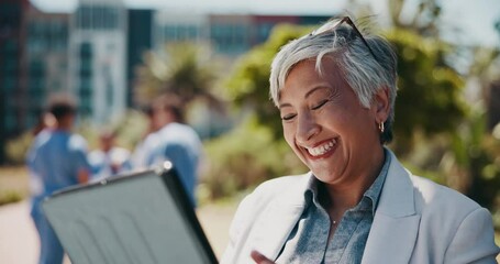 Mature woman, outdoor and tablet as professor or teacher for learning, online or education. Female person, smile and tech for connection, internet and scroll with medical school, university or clinic