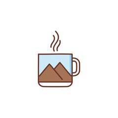 Mountain coffee mug. Warm beverage in a mug; scenic landscape design evokes peace and tranquility.