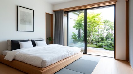 Minimalist Bedroom with Natural Light and Indoor Garden View in a Modern Design Atmosphere
