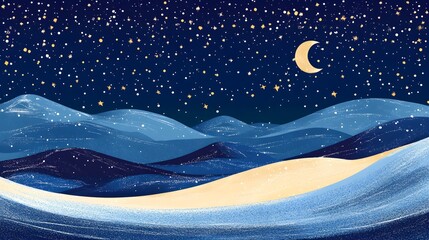 Starry sky, moonlight shining on the snowy ground, flat illustration style, simple background, cartoon style, vector graphics