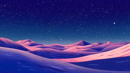 Starry sky, moonlight shining on the snowy ground, flat illustration style, simple background, cartoon style, vector graphics