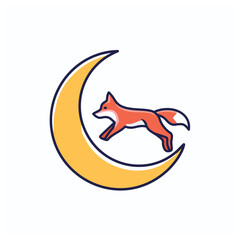 Fox leaps moon. Red fox playfully jumps crescent moon; symbolizes dreams, freedom, nighttime magic.