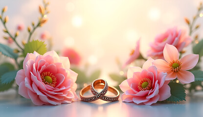 wedding rings and bridal flowers bouquet, copy space
