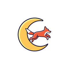 Fox leaping moon. Red fox jumps crescent moon; night magic, dreamscape, freedom.