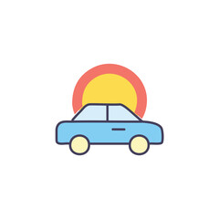 Sunset car drive. Blue car at sunset; symbolizes journeys, travel, and freedom. Peaceful evening drive.