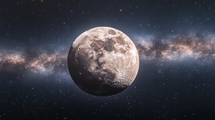 Fototapeta premium minimalist outer space design with a focus on a large, detailed moon in the foreground, casting soft light on the surrounding starry sky, 16:9