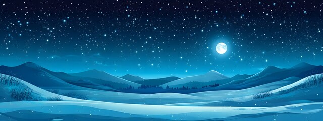Starry sky, moonlight shining on the snowy ground, flat illustration style, simple background, cartoon style, vector graphics