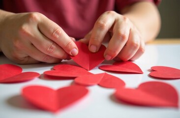 Hands crafting red paper hearts on a white table.