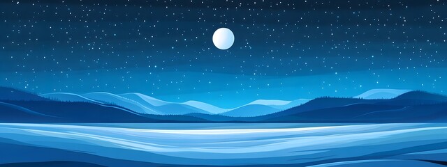 Starry sky, moonlight shining on the snowy ground, flat illustration style, simple background, cartoon style, vector graphics