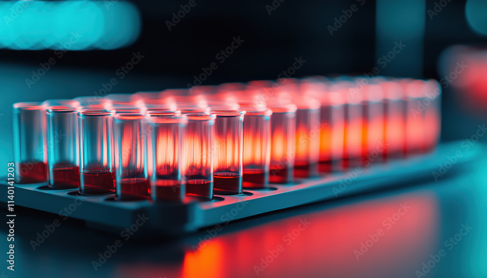 Poster test tubes in precision rack illuminated with vibrant lighting create striking visual effect. arrang