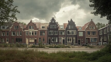 Row of Renovated Old Brick Townhouses Under Stormy Skies