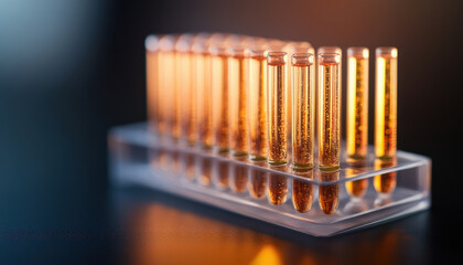 Test tubes filled with liquid in precision rack, illuminated with clean lighting, create striking visual effect. arrangement showcases scientific precision and clarity