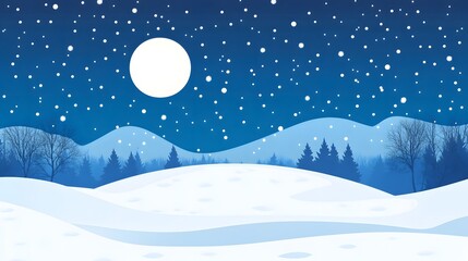 Starry sky, moonlight shining on the snowy ground, flat illustration style, simple background, cartoon style, vector graphics
