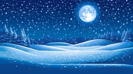 Starry sky, moonlight shining on the snowy ground, flat illustration style, simple background, cartoon style, vector graphics