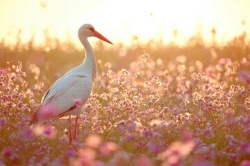 White Stork in a Field of Flowers at Sunset