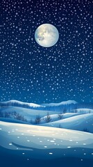 Starry sky, moonlight shining on the snowy ground, flat illustration style, simple background, cartoon style, vector graphics