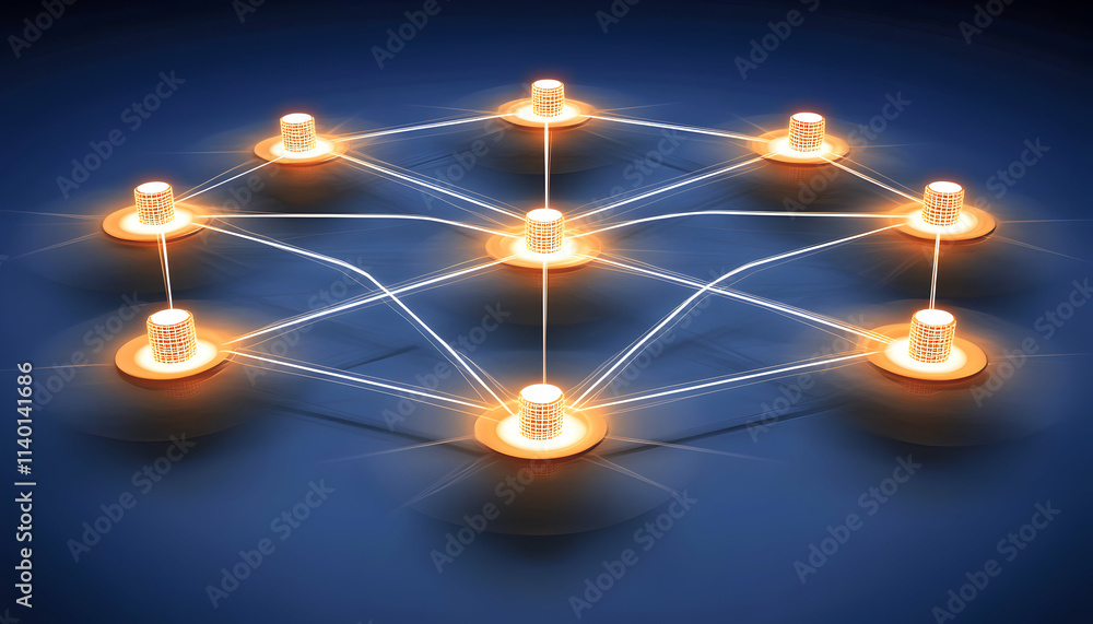 Poster abstract glowing network concept; interconnected nodes representing data exchange, digital connectio