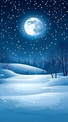 Starry sky, moonlight shining on the snowy ground, flat illustration style, simple background, cartoon style, vector graphics