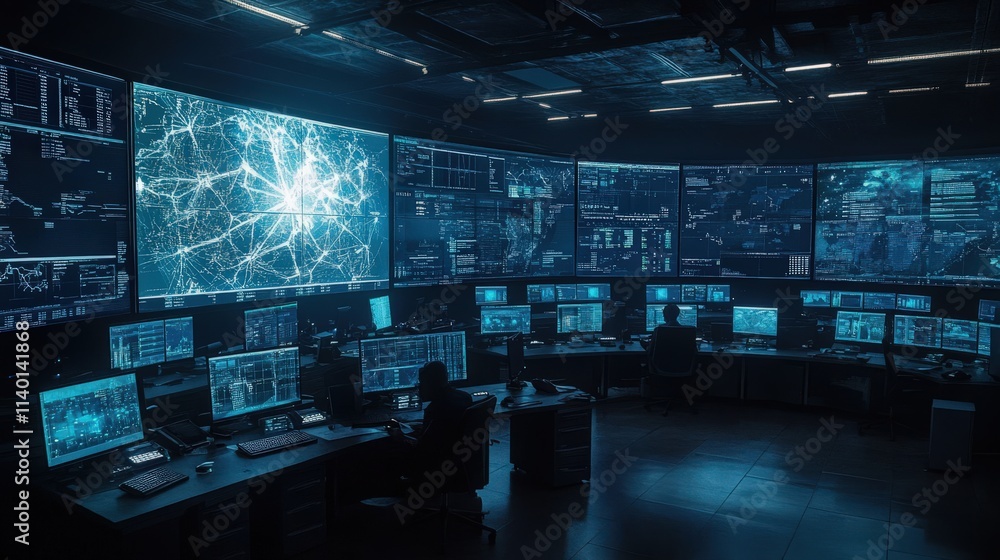 Aufkleber cybersecurity control room monitors data network traffic