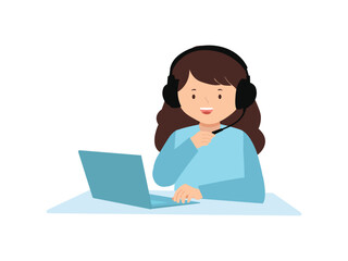 Illustration of smiling girl with headset and laptop
