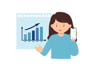 A woman brings a Phone and presenting data