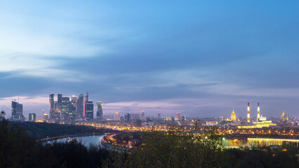 Panoramic aerial view of Moscow City, Russia, from Sparrow Hills day to night timelapse