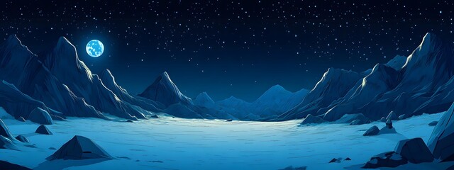 Starry sky, moonlight shining on the snowy ground, flat illustration style, simple background, cartoon style, vector graphics
