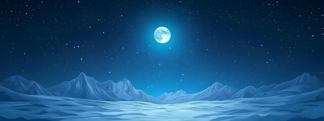Starry sky, moonlight shining on the snowy ground, flat illustration style, simple background, cartoon style, vector graphics