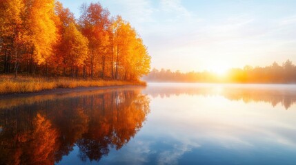 Fototapeta premium Tranquil autumn reflections vibrant lake sunset photography