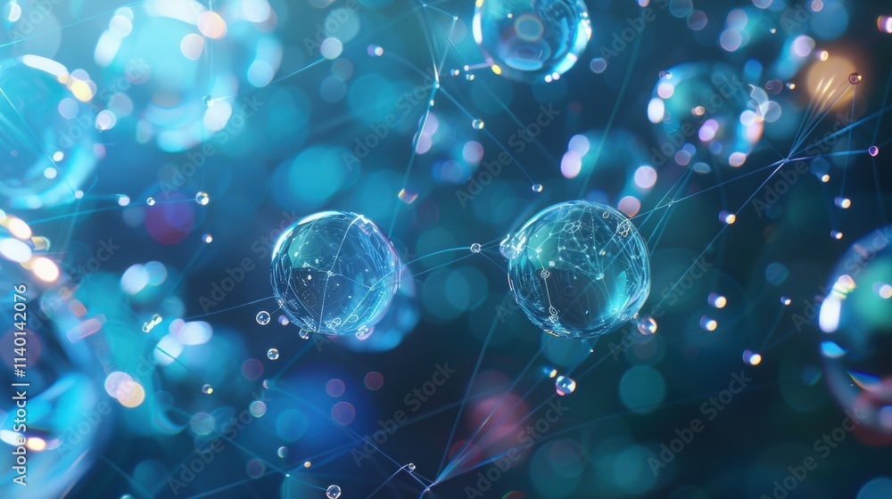 Poster complex network visualization illustrating interconnected data points and a global network, represen