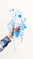 Hand holding a plastic bottle with water, watercolor illustration isolated on white background