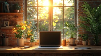 A laptop on a wooden desk with plants in front of a window with sunlight streaming through.