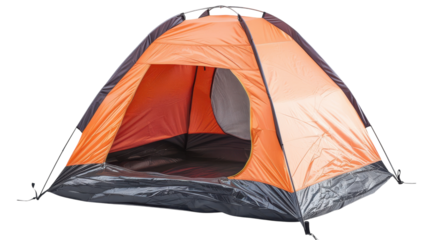 Vibrant orange camping tent ready for adventure in the great outdoors surrounded by nature's beauty
