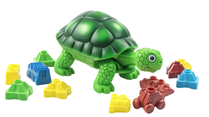 Playful green turtle toy surrounded by colorful building blocks invites creativity for children