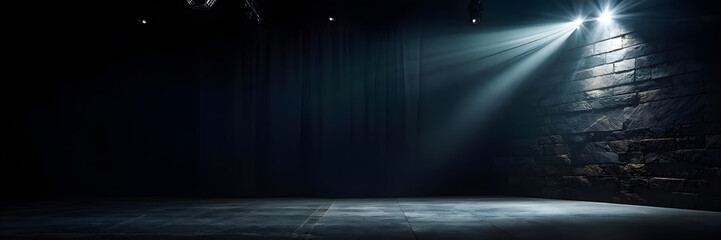 Spotlight casting a beam of focused light on a bare stage wall, serving as a PowerPoint background, complemented by a subtle gradient from navy blue to black, giving depth