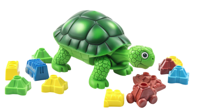 Playful green turtle toy surrounded by colorful building blocks invites creativity for children