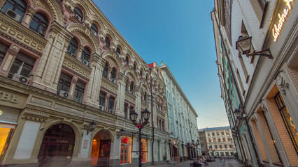 Walking on Stoleshnikov pedestrian street to Grand theatre in Moscow timelapse hyperlapse
