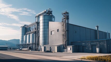 Biodiesel refinery processing biofuel from renewable resources under blue sky