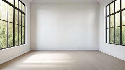 Obraz premium Bright and Spacious Empty Room with Large Windows Showcasing Natural Light and Outdoor Greenery