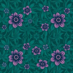 Fototapeta premium Emerald Floral Pattern: A lush and vibrant seamless pattern featuring delicate purple flowers blooming amongst intricate green foliage, creating a captivating and sophisticated design. 