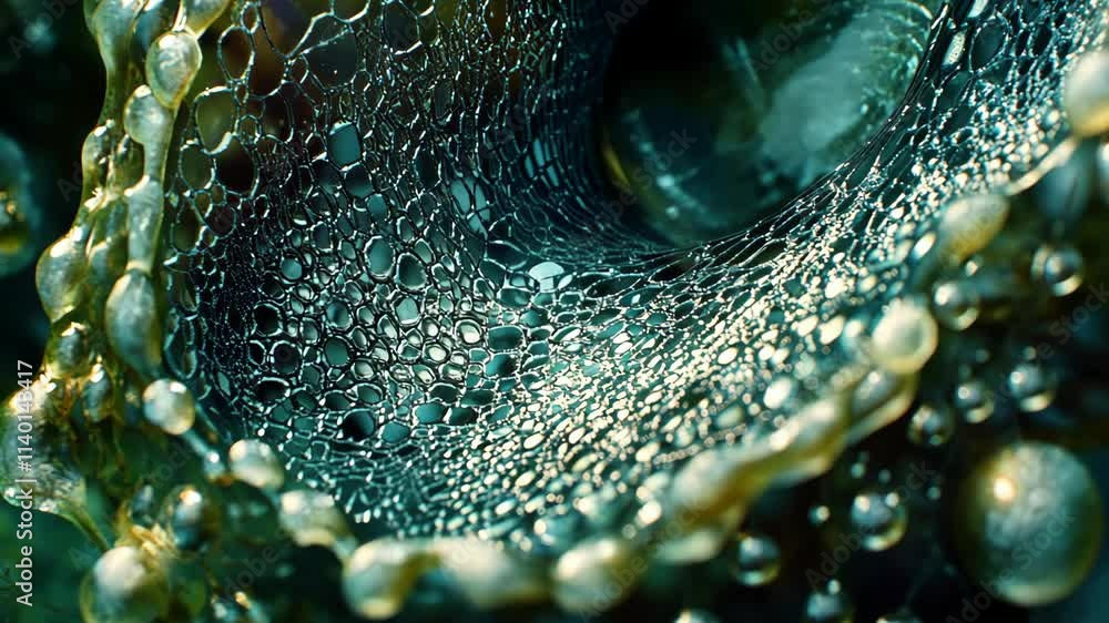 Poster detailed close-up of bubbles forming intricate patterns in water with a greenish tint in a natural s