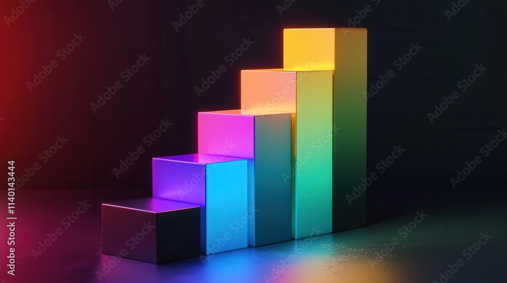 Poster colorful 3d abstract render of ascending glowing blocks on a dark background
