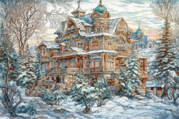 Fototapeta premium a fairy-tale house in a winter forest, made in a decorative style. 