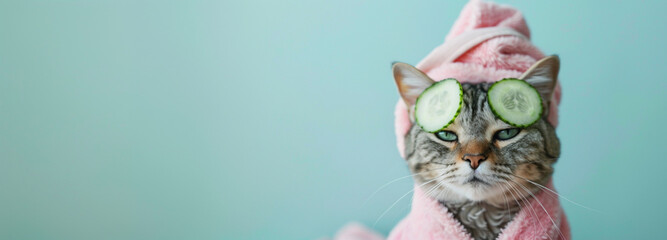 Fun, wellness, and adorable moments. Cat wearing a towel on its head and cucumber slices over its eyes, relaxing in a spa like setting. Pet care, humor, and relaxation concept. 