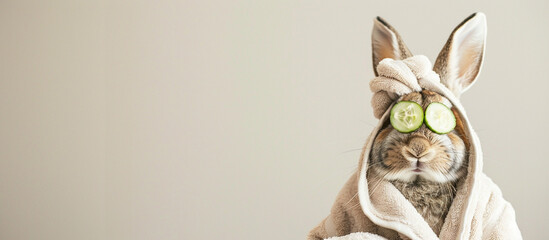 Banner with rabbit wearing a towel on its head and cucumber slices over its eyes, relaxing in a spa like setting. Pet care, humor, and relaxation concept. Fun, wellness, and adorable moments.