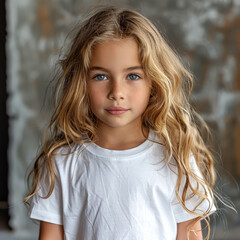 Fototapeta premium Young girl with long blonde hair is wearing a white shirt and smiling