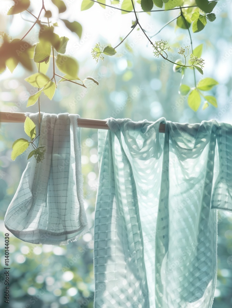 Poster fresh linen drying under sunlight on a clothesline surrounded by greenery in a tranquil outdoor sett